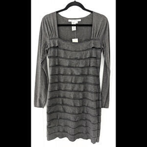 Max Studio Layered Ruffle Bodycon Dress M Gray Stretch Long Sleeve Grunge Y2K